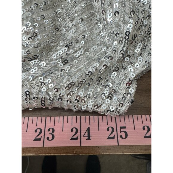 Cece Women XLarge Sequin Silver Blouse 3/4 Sleeve Lantern Elastic Waist Glam - Picture 7 of 11